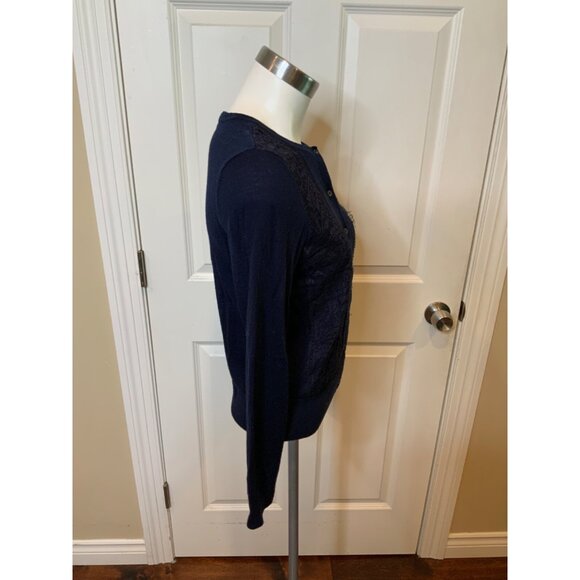 Brooks Brother 346 Navy Blue 100% Wool Floral Lace Button-Up Cardigan, Size M - Picture 2 of 5